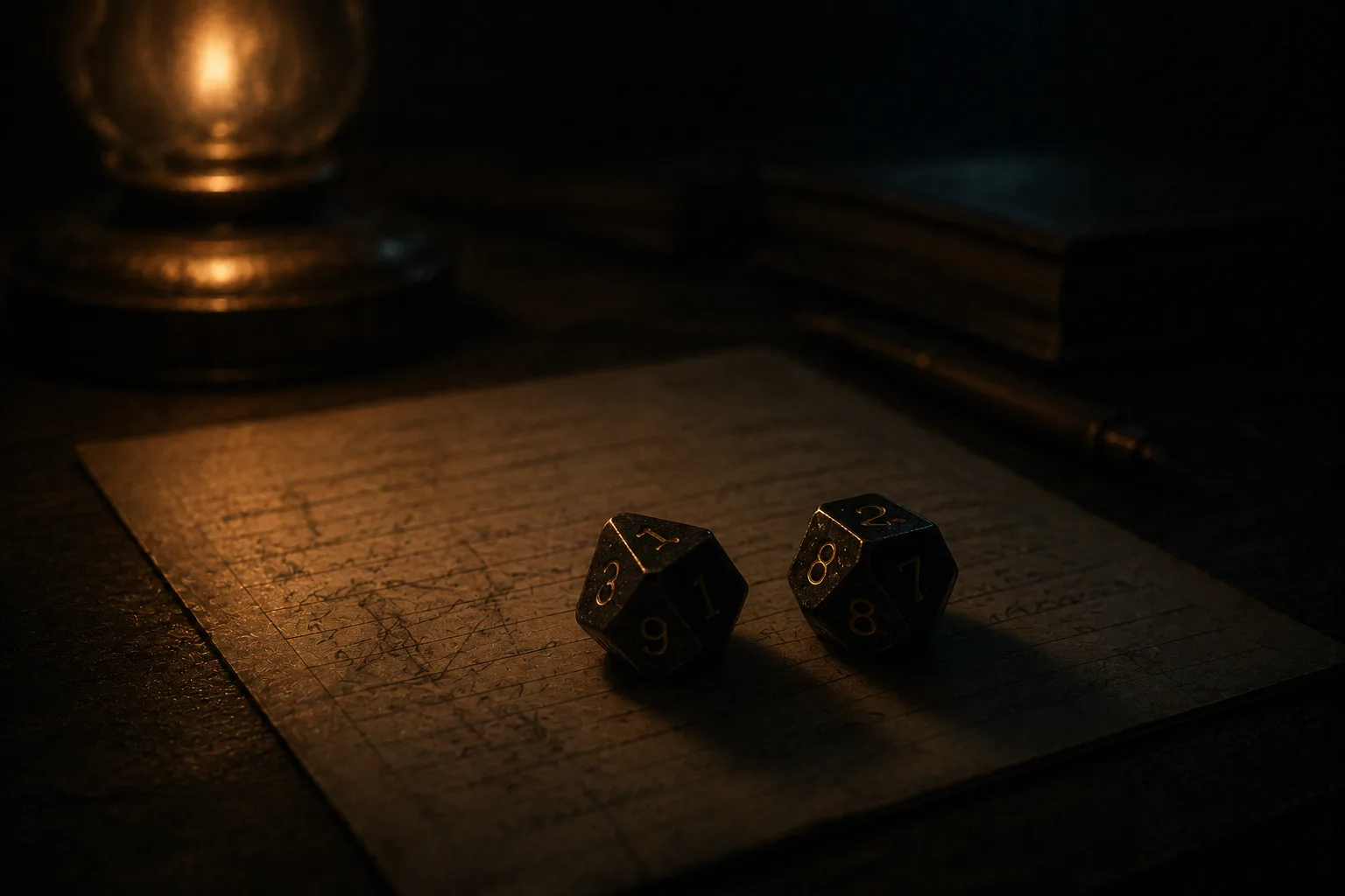 Two ten-sided dice come to rest on a ruled paper sheet under a low warm lamp, the rest of the desk in darkness.