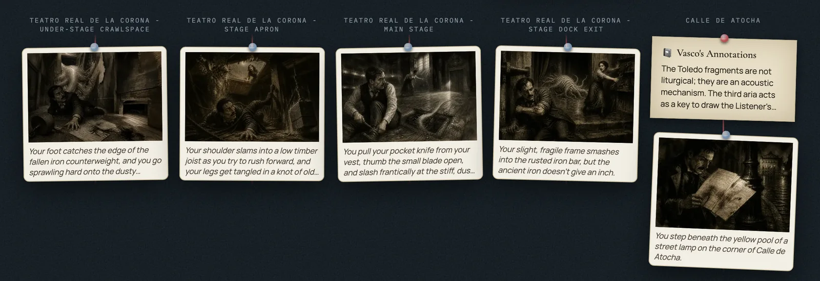A case board connecting scenes, evidence and a journal