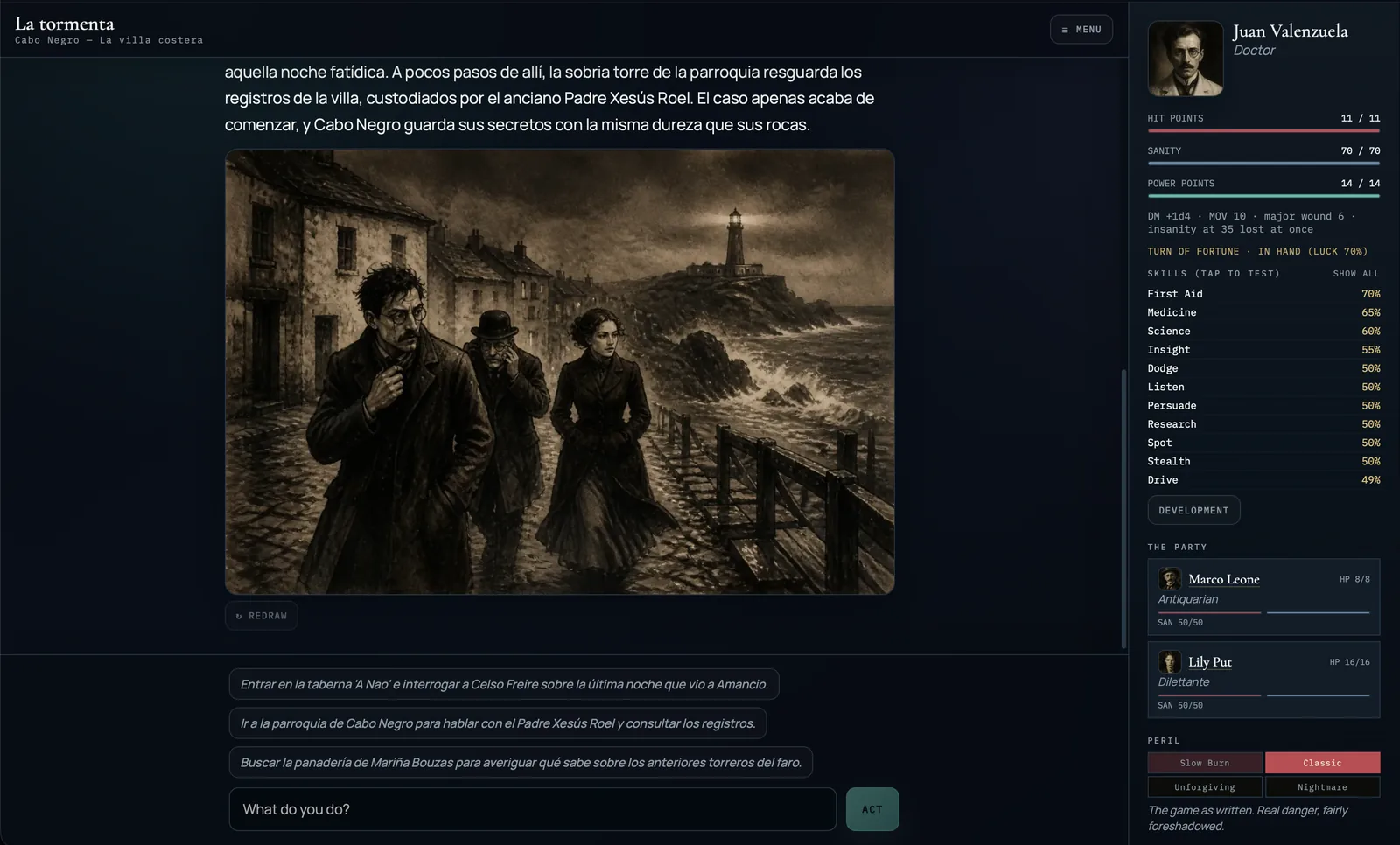 The full Midnight Mythos play screen in Spanish