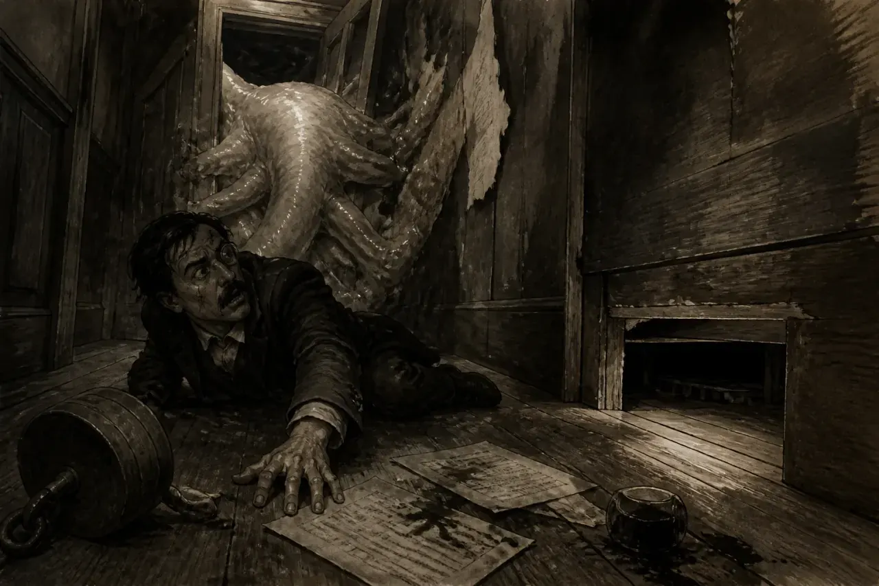 An investigator reaching for a document beneath a creature