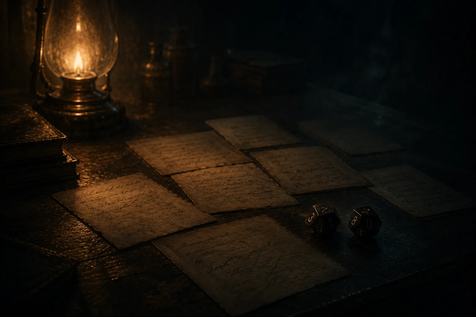 A spread of handwritten cards face-up on a dark table beside two ten-sided dice, lit from one side by a lamp.